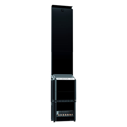 Saunum Air 5 sauna heater in the package, closed black steel basket, full height on white