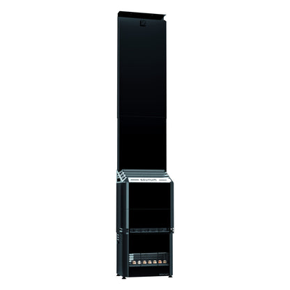 Saunum Air 7 sauna heater with the closed black steel stone basket, full height three quarter view on white
