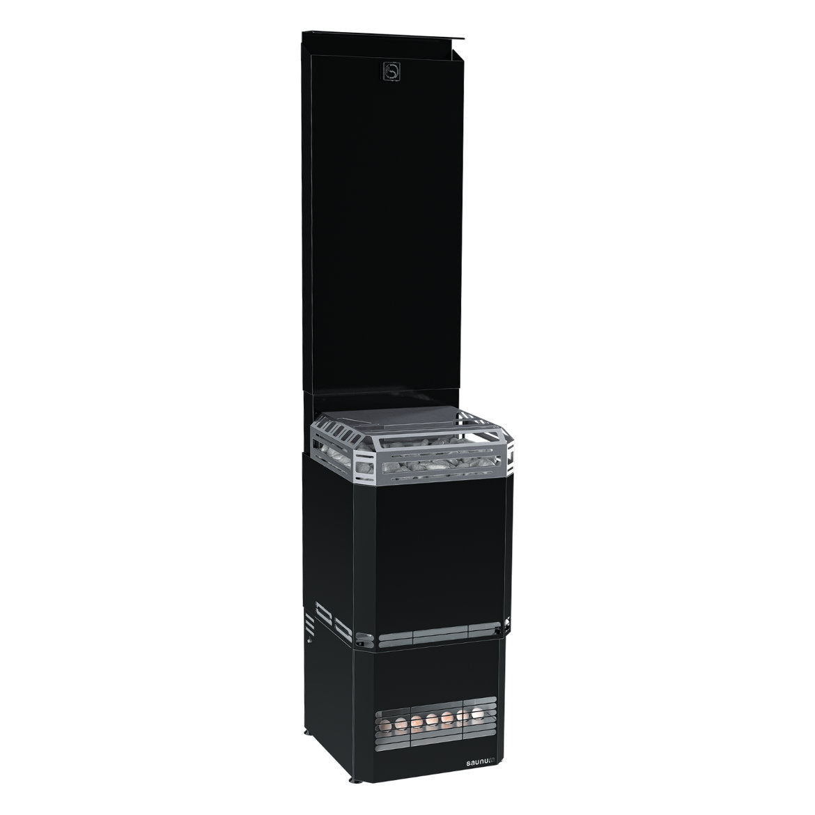 Saunum Air L 10 sauna heater in the package, closed black steel basket, full height on white