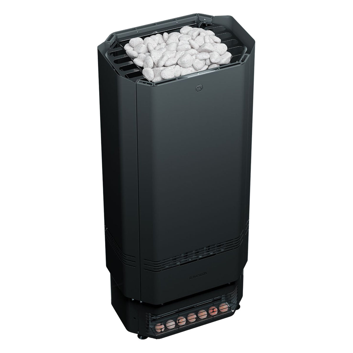 Saunum Air Perfect 10 sauna heater, three quarter view from above showing the stone top and the salt sphere window, on white