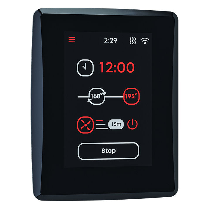 Saunum AirIQ Wi-Fi sauna heater control panel, front view showing the Fahrenheit home screen