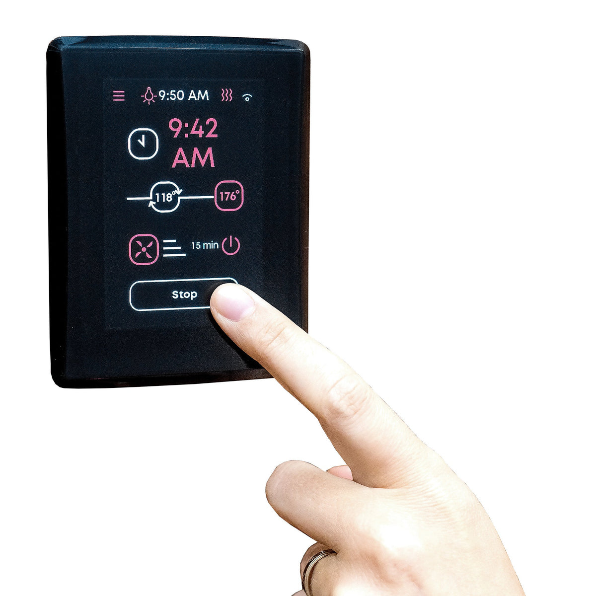 Saunum AirIQ Wi-Fi control panel, included in the package, being set by hand