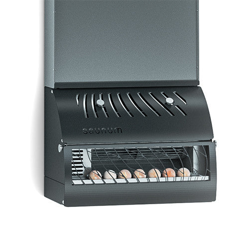 Close-up of the Saunum AirSolo Wall base with air grille, control knobs and Himalayan salt spheres