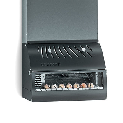 Close-up of the Saunum AirSolo Wall base with air grille, control knobs and Himalayan salt spheres