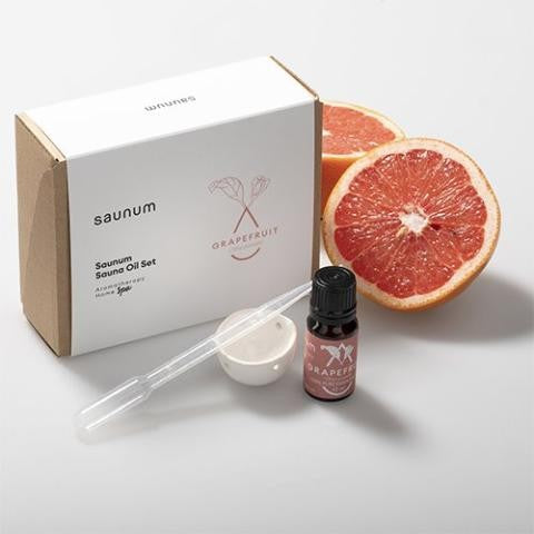 Saunum Grapefruit aroma oil set: box, 10 ml bottle, ceramic cup and pipette