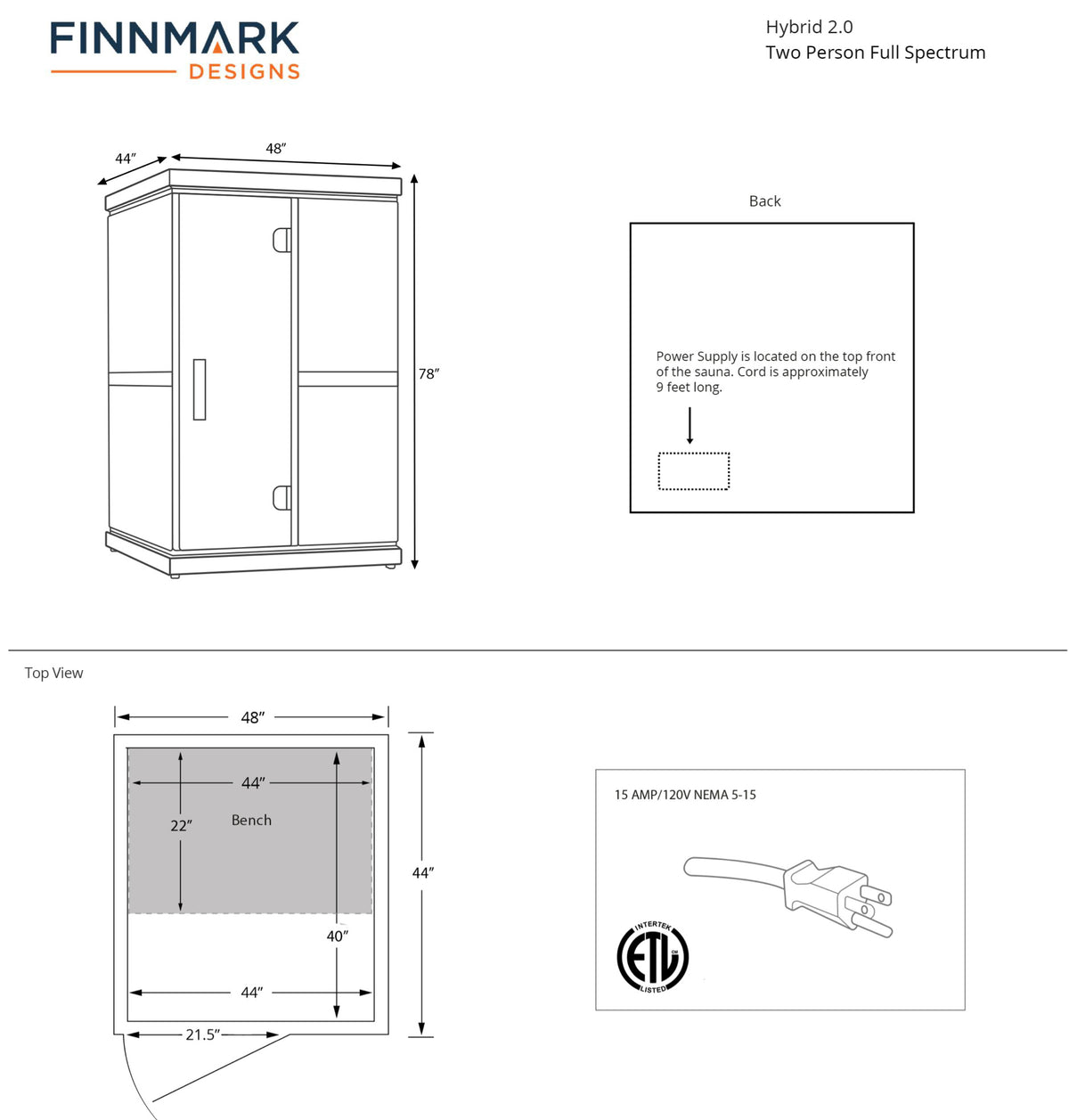 Finnmark FD-2 dimension drawing, 48 inches wide by 44 inches deep by 78 inches high, with a plan view of the 44 by 22 inch bench