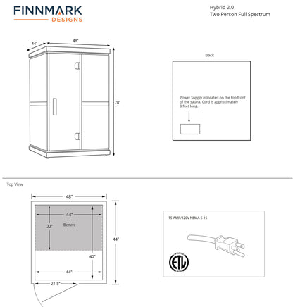 Finnmark FD-2 dimension drawing, 48 inches wide by 44 inches deep by 78 inches high, with a plan view of the 44 by 22 inch bench