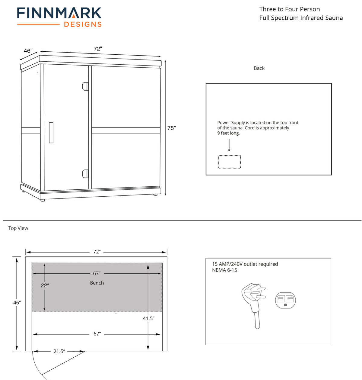 Finnmark FD-3 dimension drawing, 72 inches wide by 46 inches deep by 78 inches high, with a plan view of the 67 inch bench