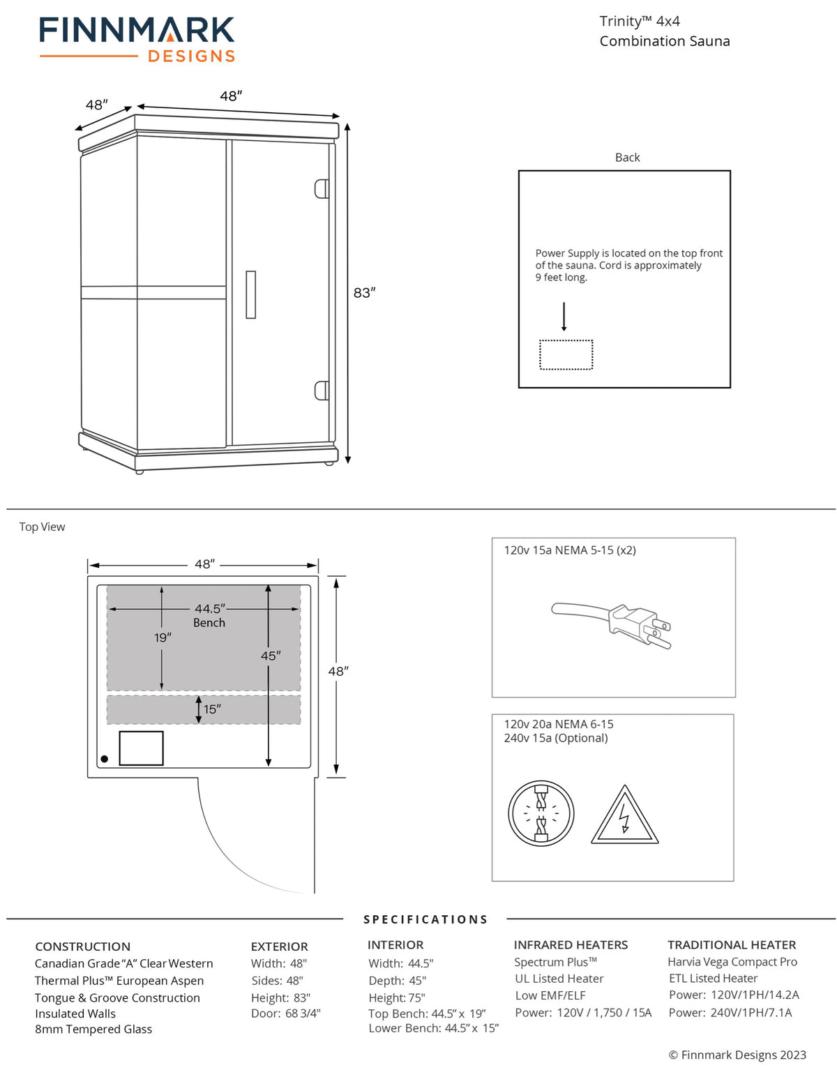 Finnmark FD-4 Trinity dimension drawing, 48 inches square by 83 inches high, with a plan view of the two tier bench and both receptacles