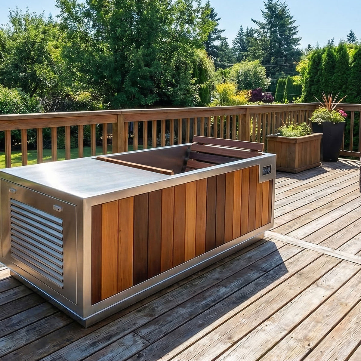 Finnmark SoulCold plunge tub on a timber deck with the chiller vent visible at one end