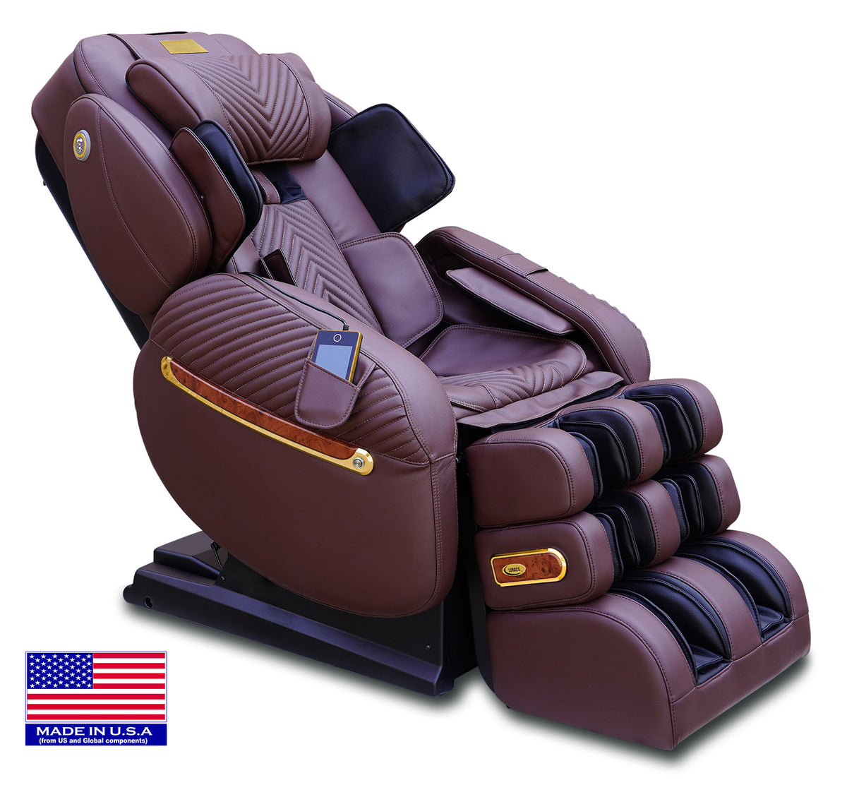 Luraco i9 Max Plus Royal Edition massage chair in chocolate with 18K gold plated trims