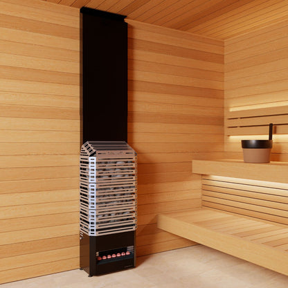 Saunum Air 5 sauna heater with the open stainless steel stone basket, full height in a light wood sauna