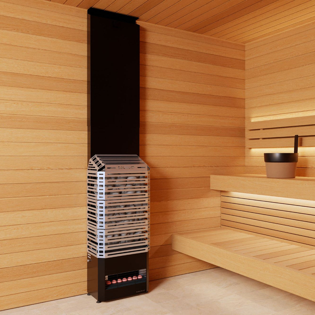 Saunum Air 5 heater from the package installed in a light wood sauna, open basket