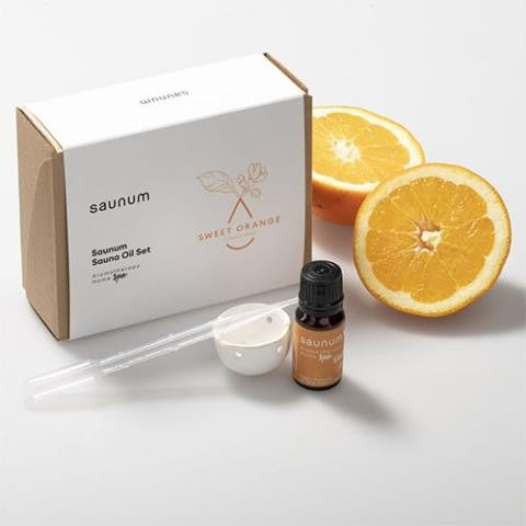 Saunum Sweet Orange aroma oil set: box, 10 ml bottle, ceramic cup and pipette