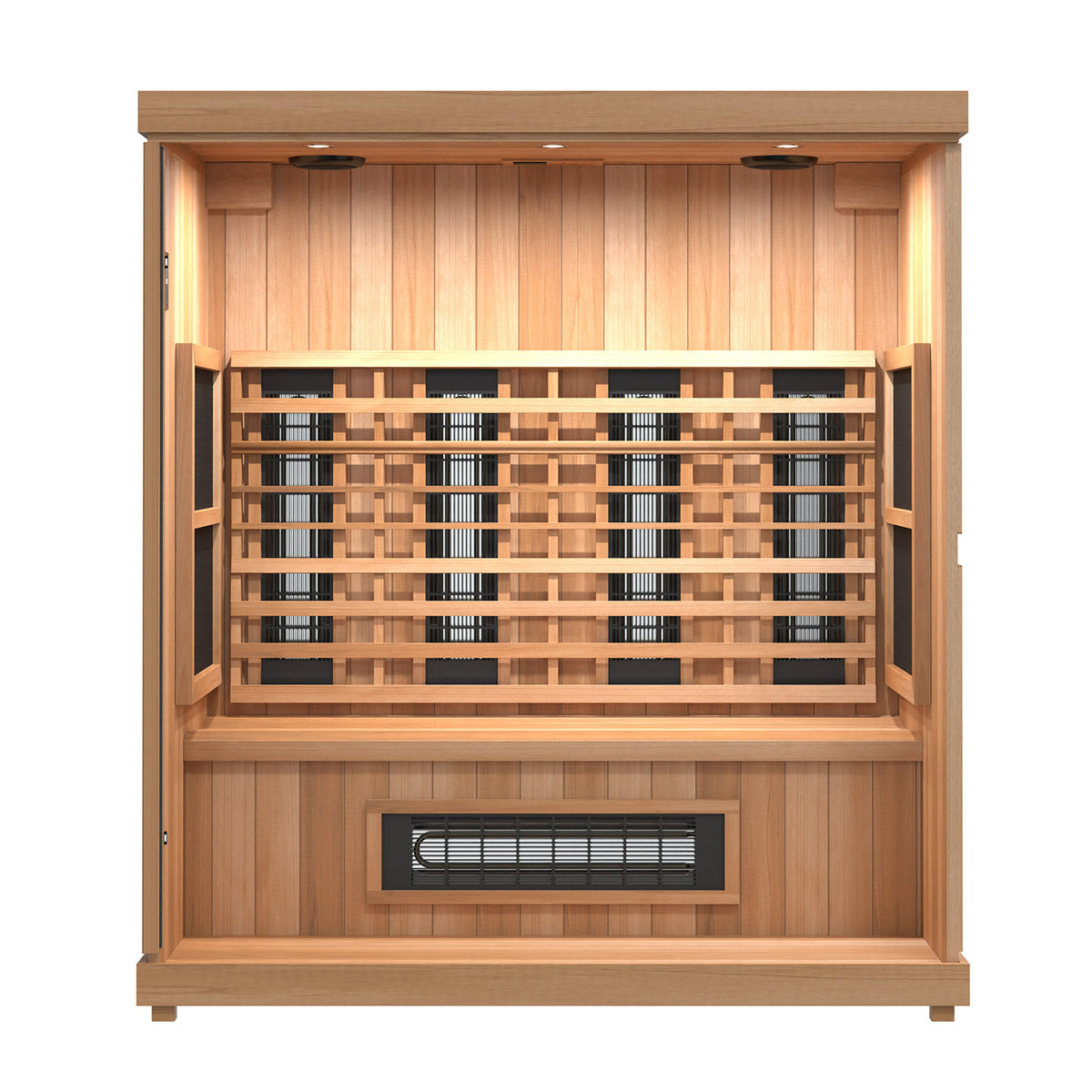 Finnmark FD-3 infrared sauna lit from inside, showing the Spectrum Plus element, the carbon panels and the bench