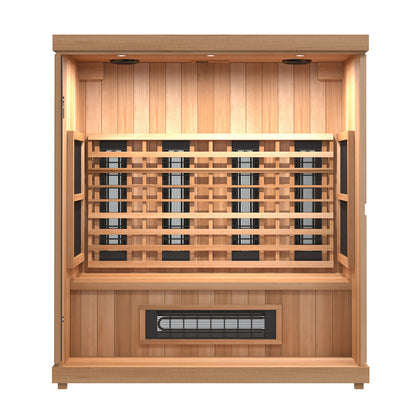Finnmark FD-3 infrared sauna lit from inside, showing the Spectrum Plus element, the carbon panels and the bench