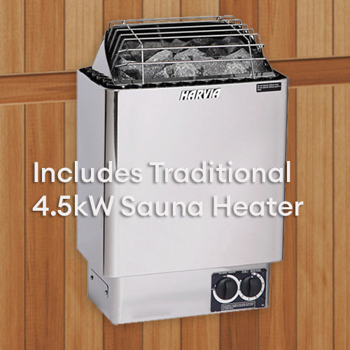 Finnmark graphic showing the Harvia KIP45B traditional 4.5 kilowatt sauna heater included with the FD-5 Trinity XL