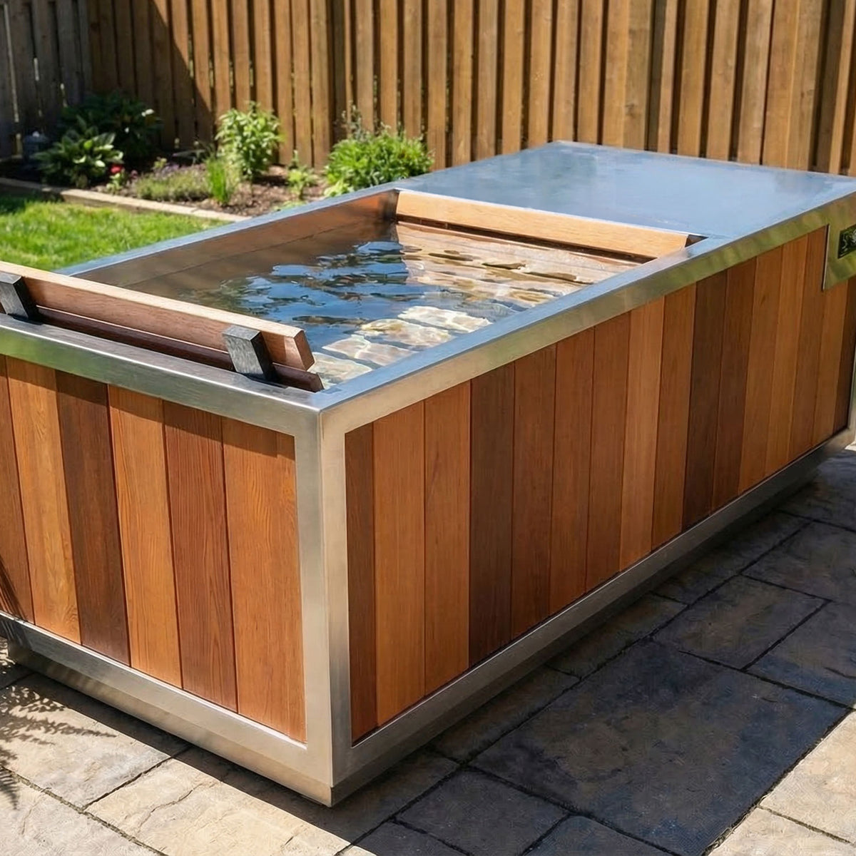 Finnmark SoulCold plunge tub on a stone patio with the cedar backrest resting across the open tub