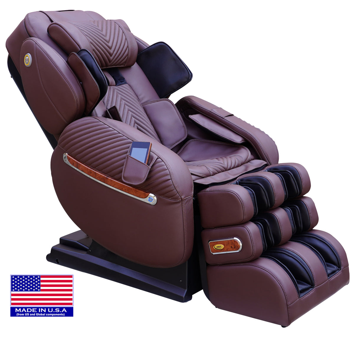 Luraco i9 Max Plus Billionaire Edition massage chair in chocolate, three quarter view