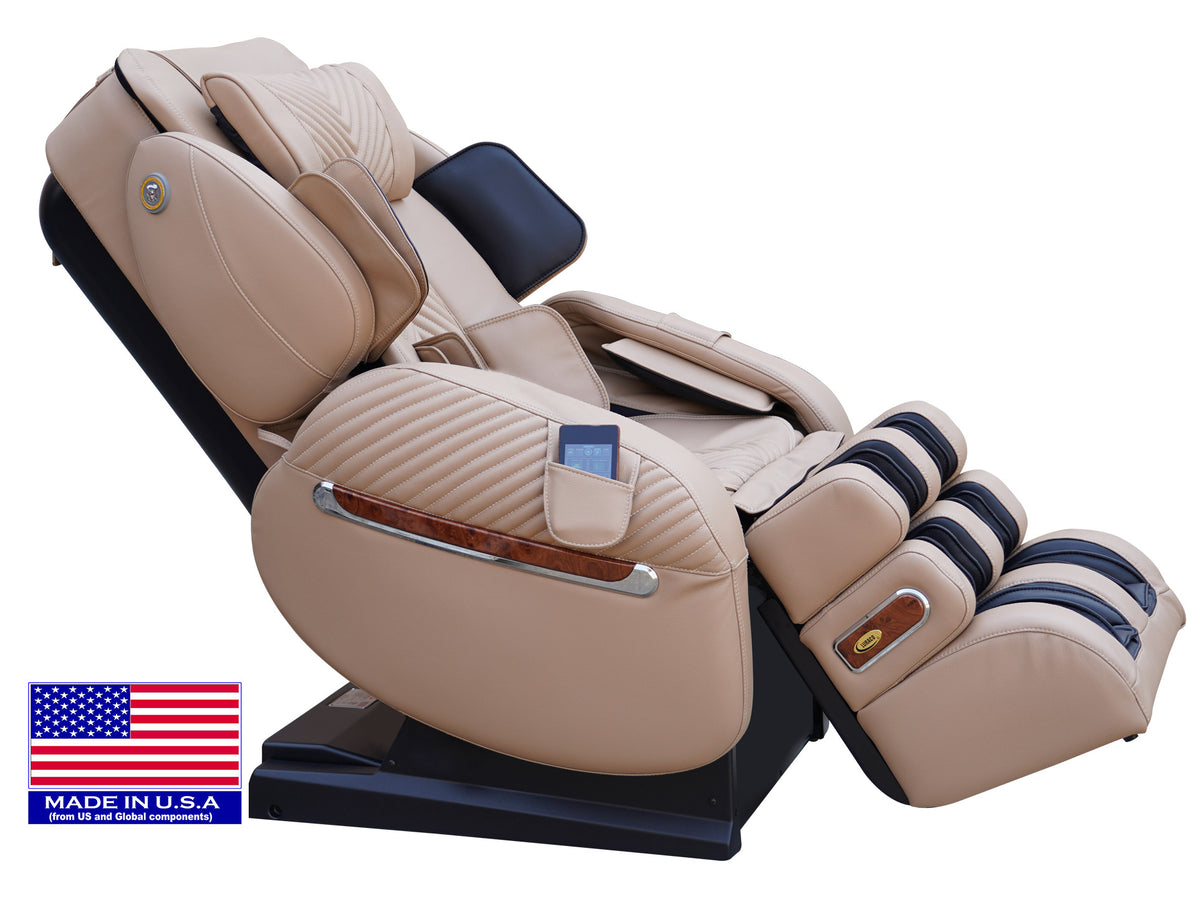 Luraco i9 Max Plus Special Edition massage chair in cream, reclined three quarter view