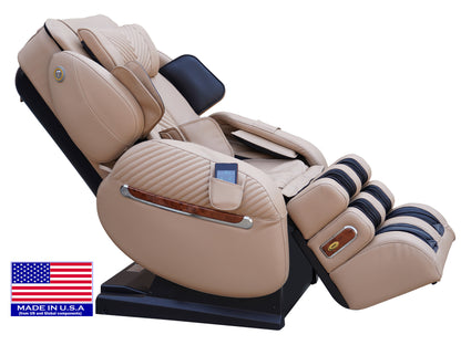 Luraco i9 Max Plus Special Edition massage chair in cream, reclined three quarter view