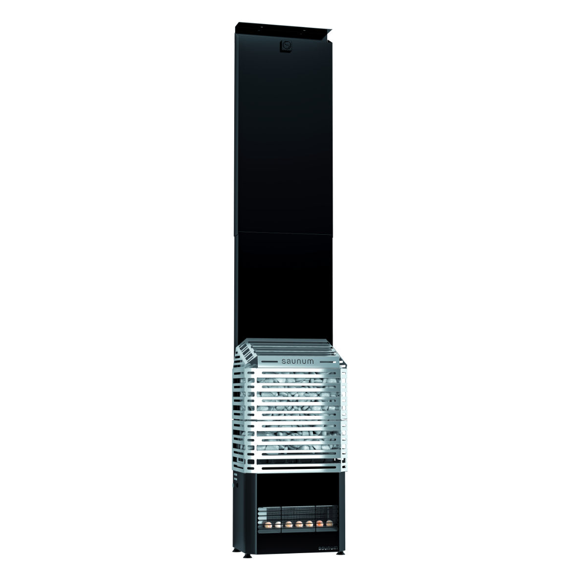 Saunum Air 5 sauna heater with the open stainless steel stone basket, full height three quarter view on white