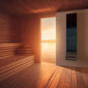 Saunum AirSolo 70 on a tiled wall in a wood sauna at sunset (manufacturer render)