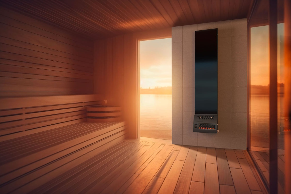 Saunum AirSolo 70 on a tiled wall in a wood sauna at sunset (manufacturer render)