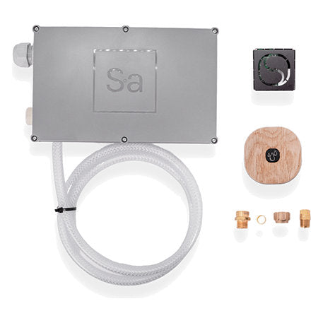 Saunum AutoLeil components: control unit, water valve, pipe and wall button