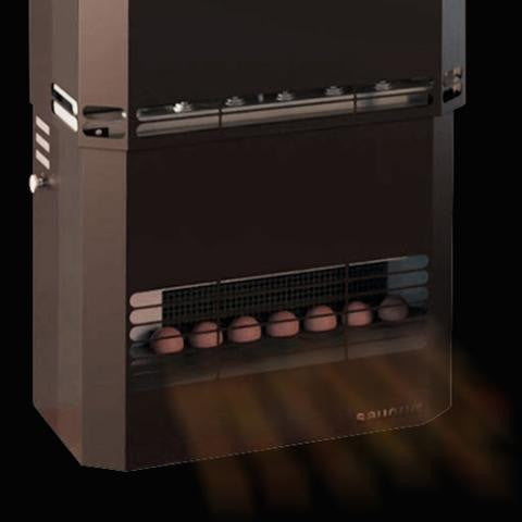 Saunum Himalayan salt spheres behind the front grille of a Saunum heater