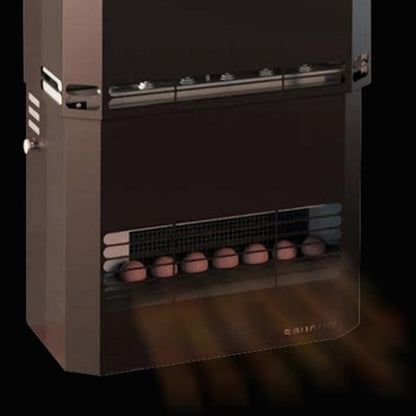 Saunum Himalayan salt spheres behind the front grille of a Saunum heater
