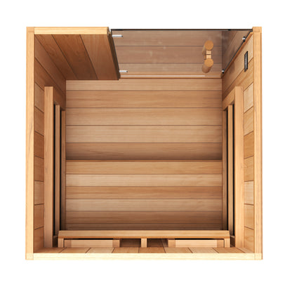 Looking down into the Finnmark FD-1 infrared sauna at the cedar bench, backrest and floor panel