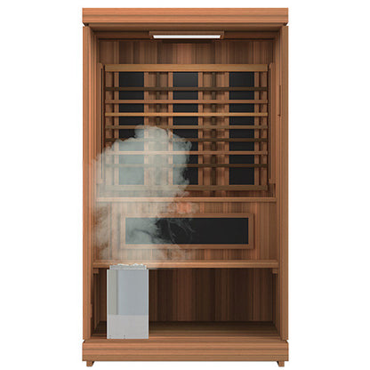 Finnmark FD-4 Trinity sauna with steam rising from the Harvia stove inside the cabin