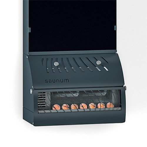 Close-up of the Saunum AirSolo base with air grille, control knobs and Himalayan salt spheres