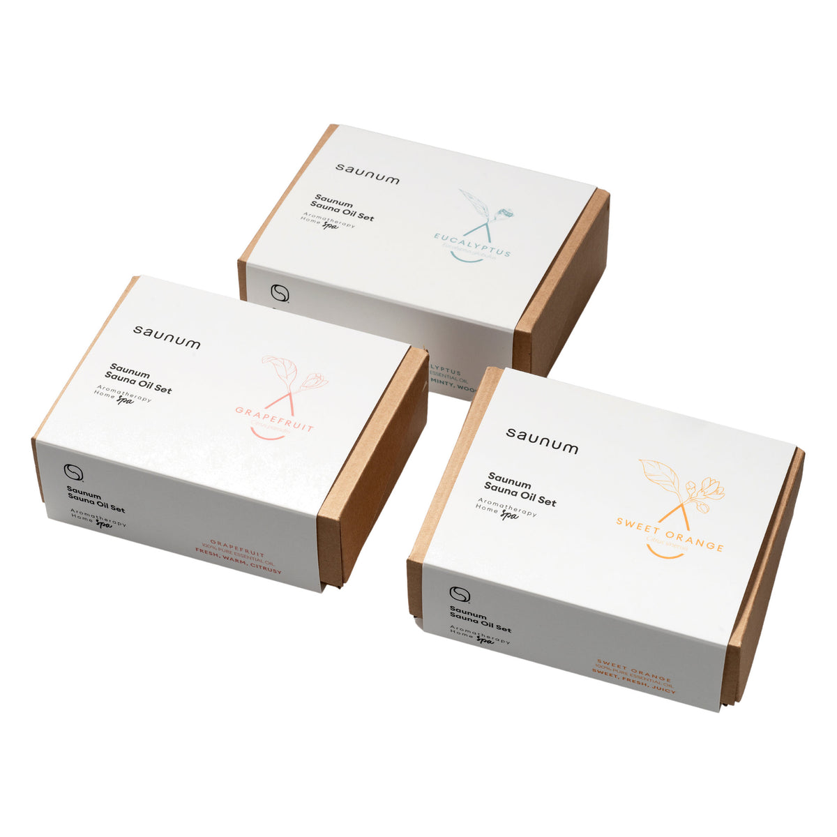 Three Saunum sauna oil set boxes: Eucalyptus, Grapefruit and Sweet Orange, on white