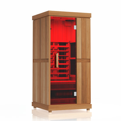 Finnmark FD-1 infrared sauna with the Spectrum LED ceiling lights set to red