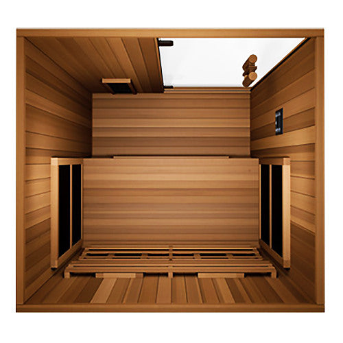 Looking down into the Finnmark FD-2 infrared sauna at the two person cedar bench, the floor panel and the side wall carbon panels