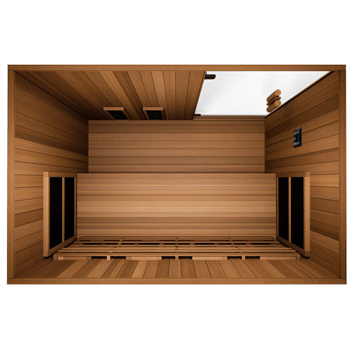 Looking down into the Finnmark FD-3 infrared sauna at the full width cedar bench and the floor panel