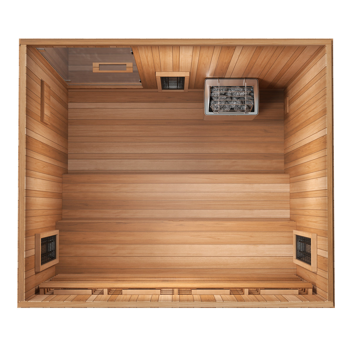 Looking down into the Finnmark FD-5 Trinity XL sauna at the two tier bench and the Harvia stove