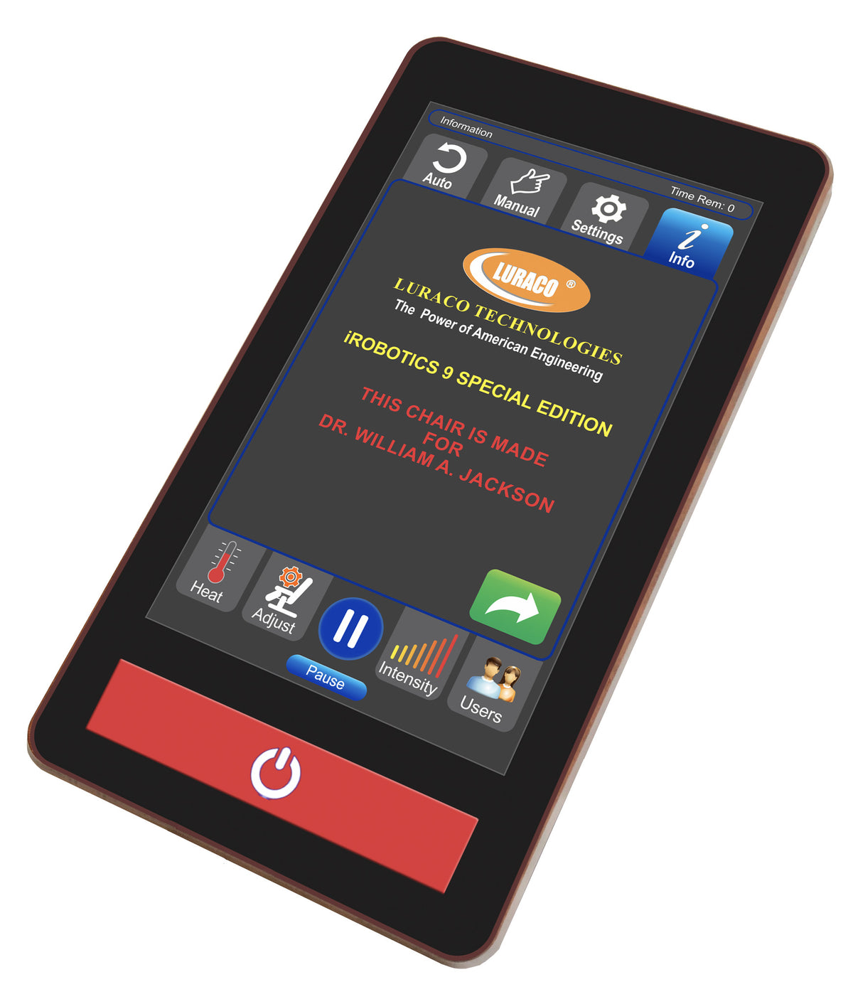 Luraco i9 Max Plus Special Edition remote with the owner's name on the welcome screen
