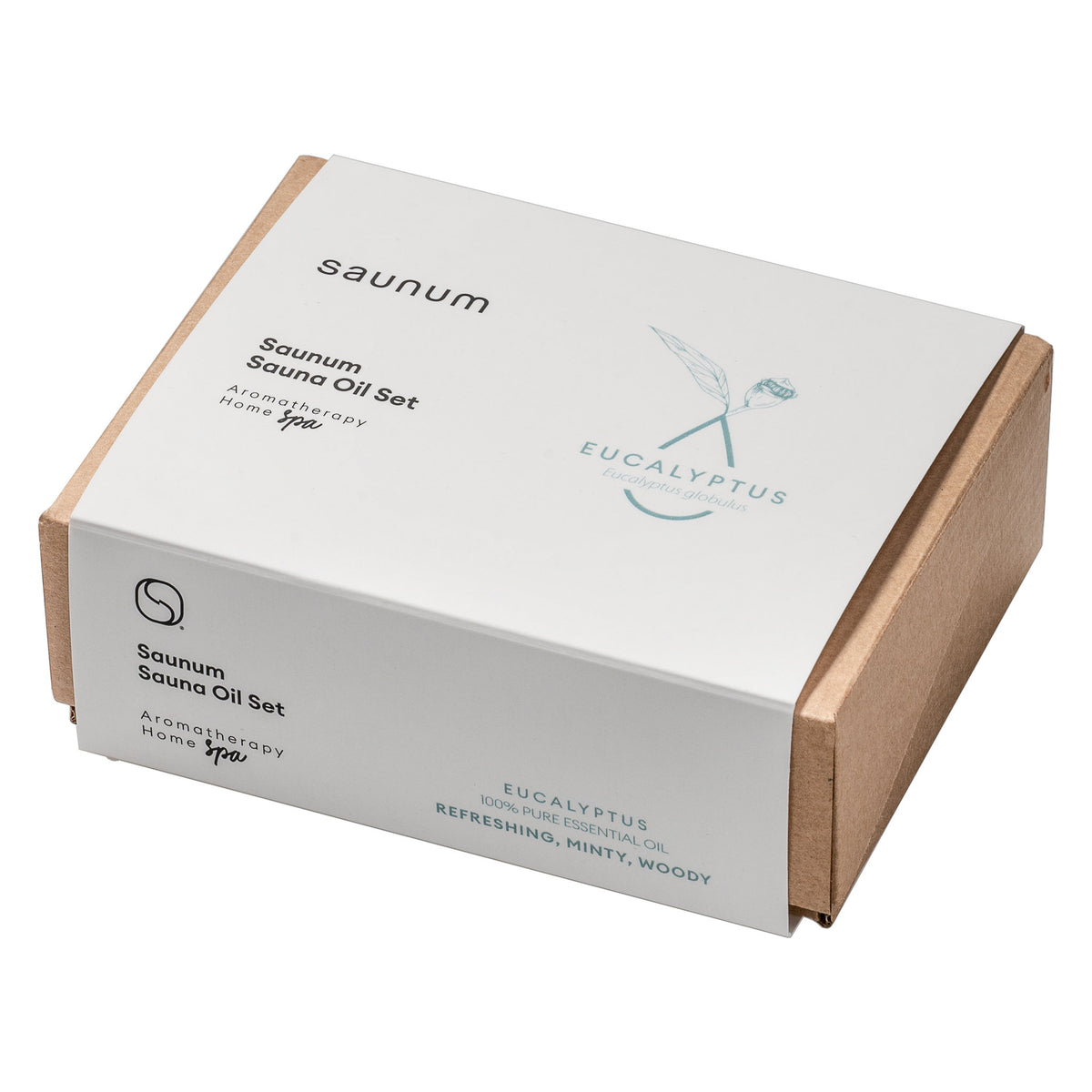 Saunum Eucalyptus sauna oil set box on white