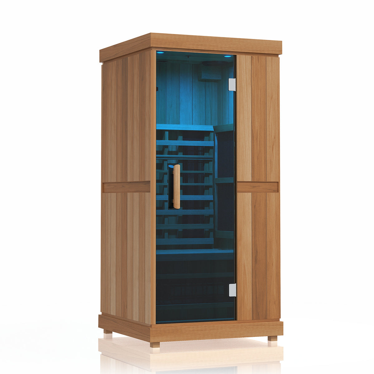 Finnmark FD-1 infrared sauna with the Spectrum LED ceiling lights set to blue