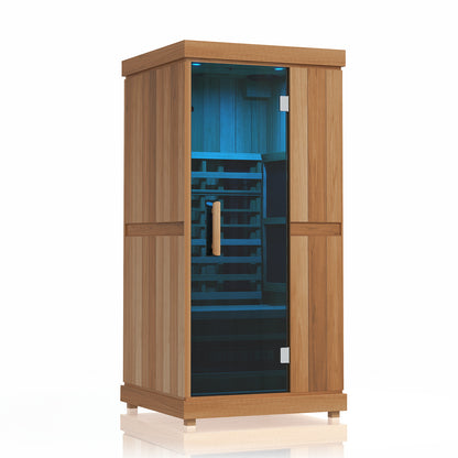 Finnmark FD-1 infrared sauna with the Spectrum LED ceiling lights set to blue