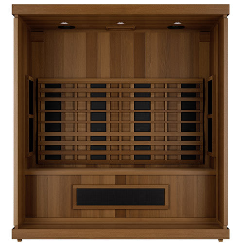 Inside the Finnmark FD-3 infrared sauna, showing the cedar bench, the backrest and the infrared panels