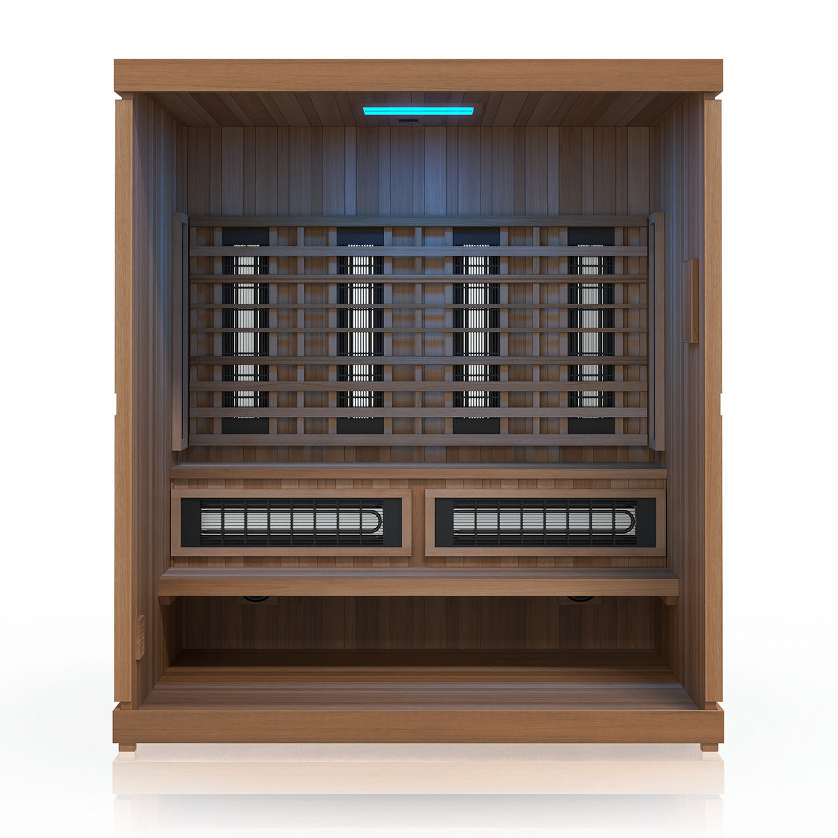 Inside the Finnmark FD-5 Trinity XL sauna with the Spectrum LED set to blue