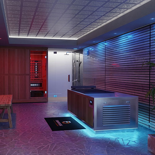Finnmark SoulCold plunge tub installed in a room alongside an infrared sauna for contrast bathing