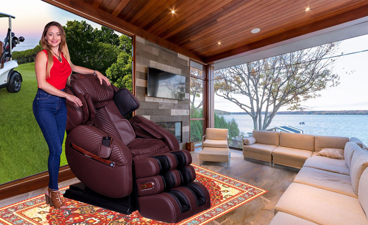 Luraco i9 Max Plus series chair in chocolate in a living room overlooking a lake