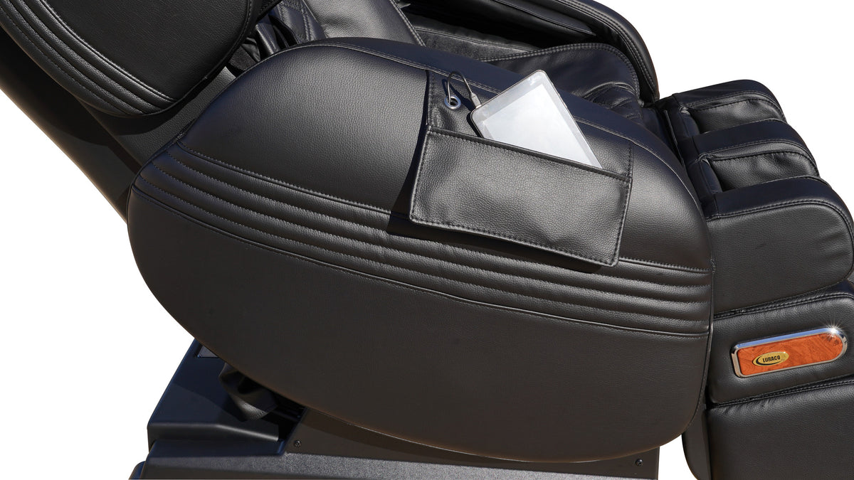 Close up of the Luraco Model 3 Hybrid SL armrest and remote pocket