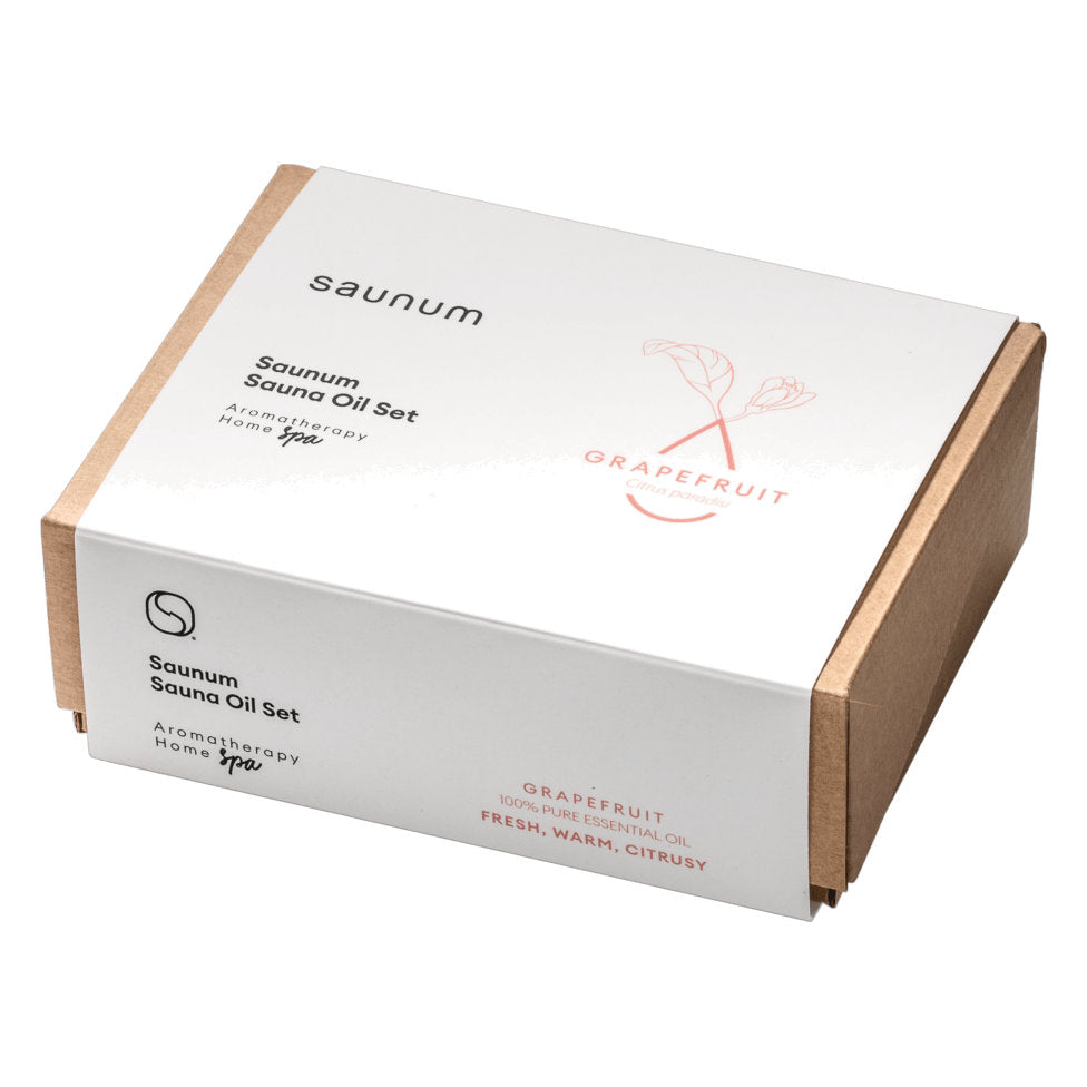 Saunum Grapefruit sauna oil set box on white