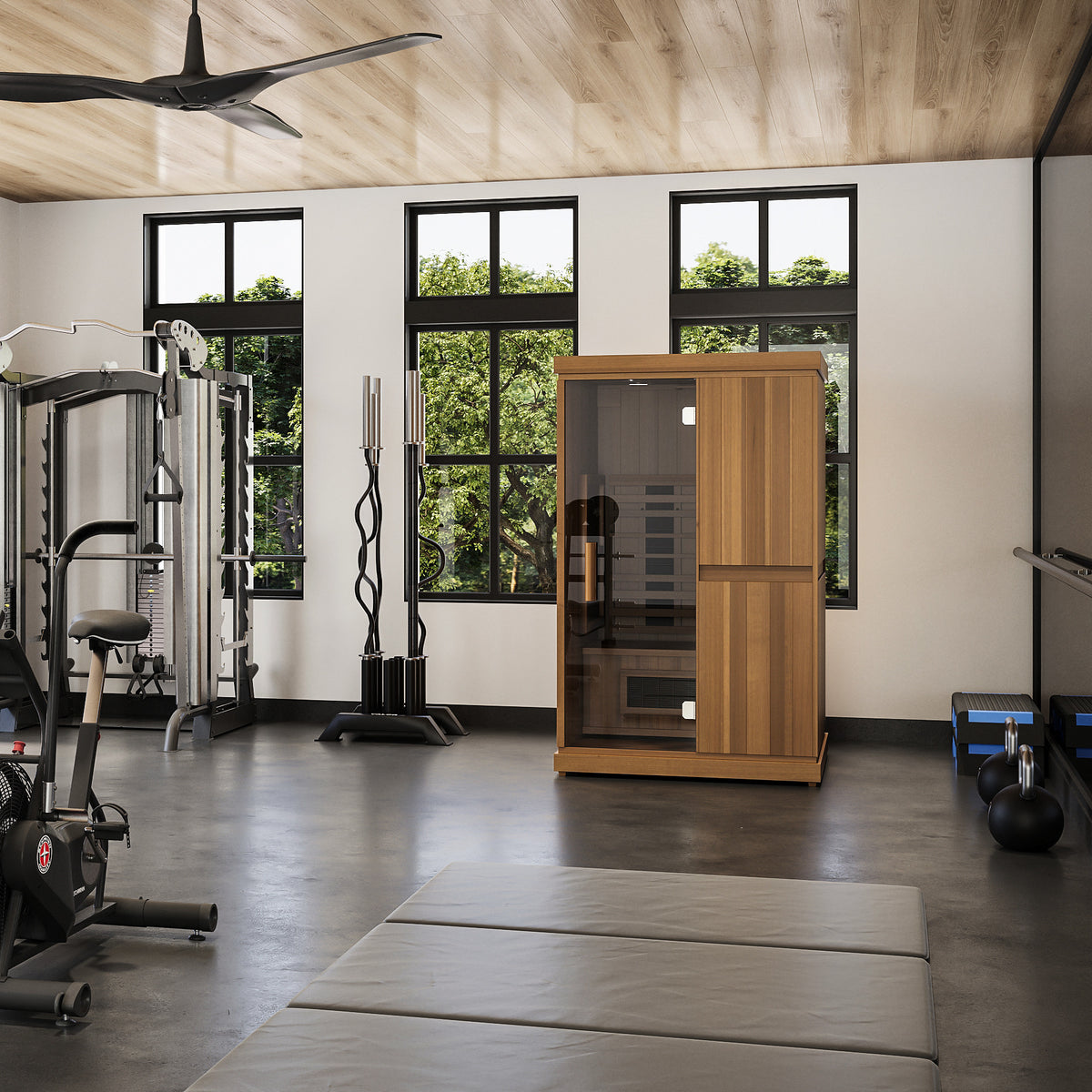 Finnmark FD-2 infrared sauna in a home gym beside a treadmill and a cable machine, showing the cabin at room scale